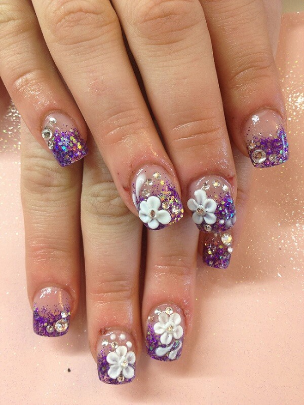 shorter nails with 3D floral patterned manicure
