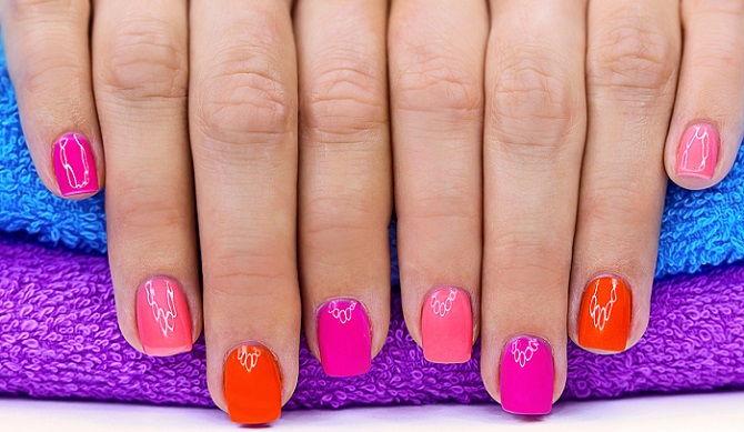 bright colored manicure with cotton candy nail polish