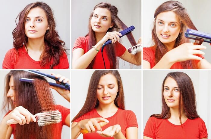 0 woman straightening her hair
