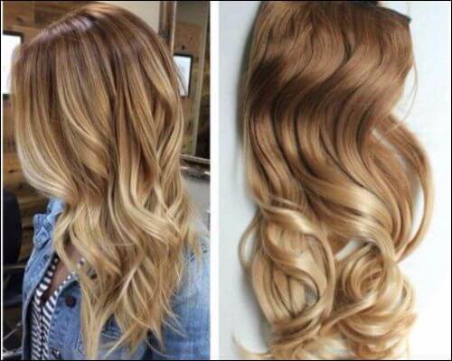 Two photos showing a clip in hair extension applied to blonde hair