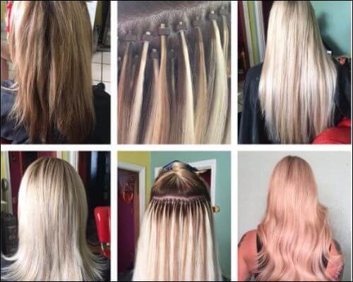 Collage of six photos showing micro link extensions applied to blonde hair 