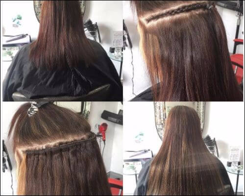Collage of photos showing the application of weave in hair extensions