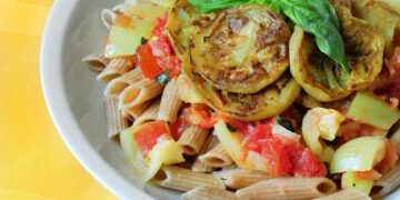 Penne with eggplant and basil in yogurt tomato sauce