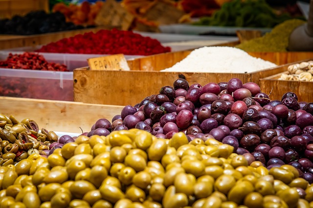 olives fruits in Mediterranean market 